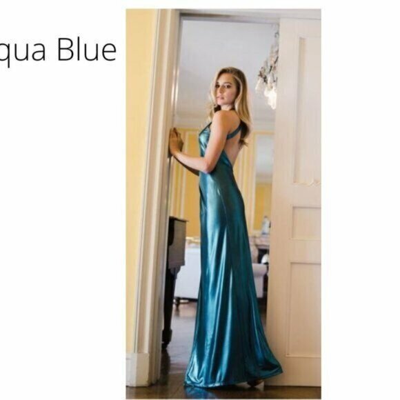 Women's Aqua Metallic Halter Maxi‎ Dress Size Small - Picture 3 of 7